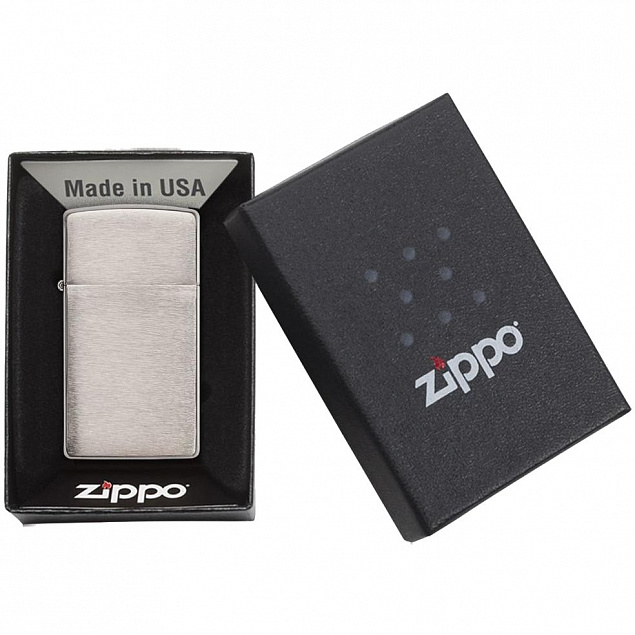 Зажигалка Zippo Slim Brushed, матовая серебристая с логотипом в Люберцах заказать по выгодной цене в кибермаркете AvroraStore